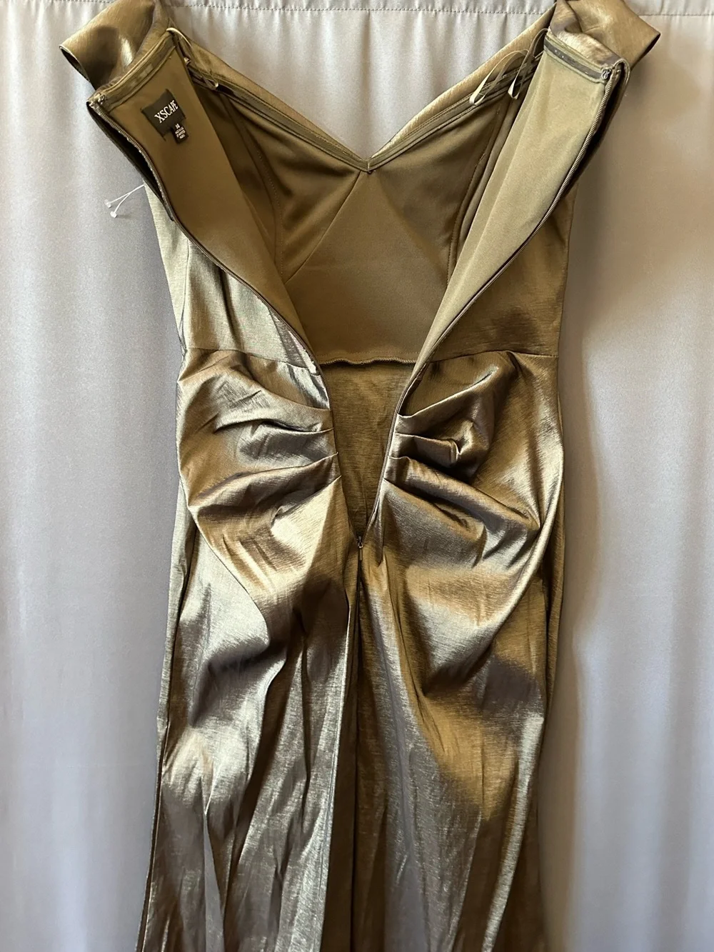 Xscape Metallic Taffeta,off The Shoulder Gown,sz 14, New Without Tag,olive